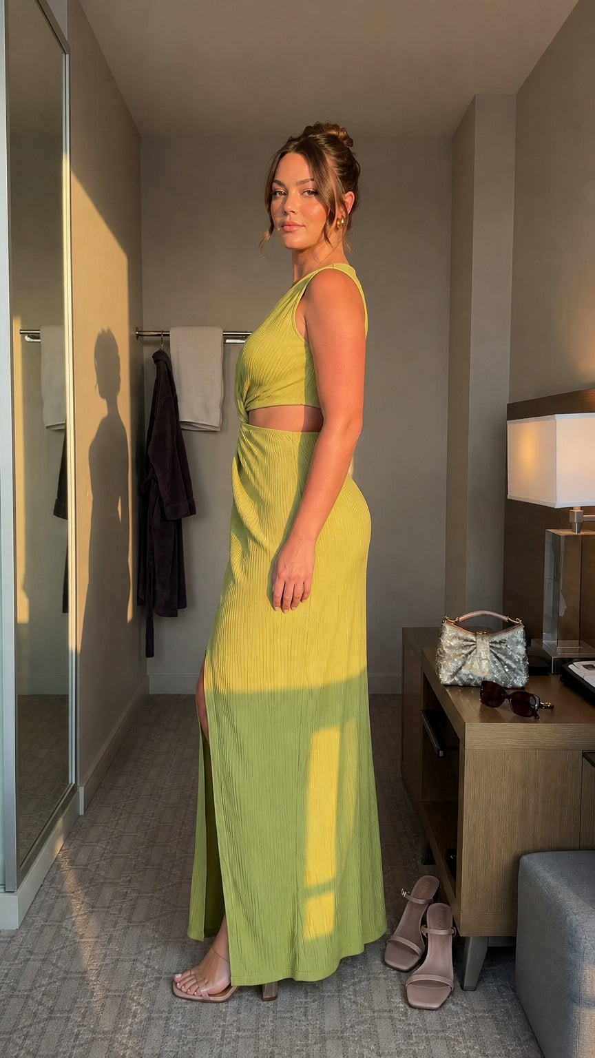 Model wearing lime green cutout maxi dress, side profile view