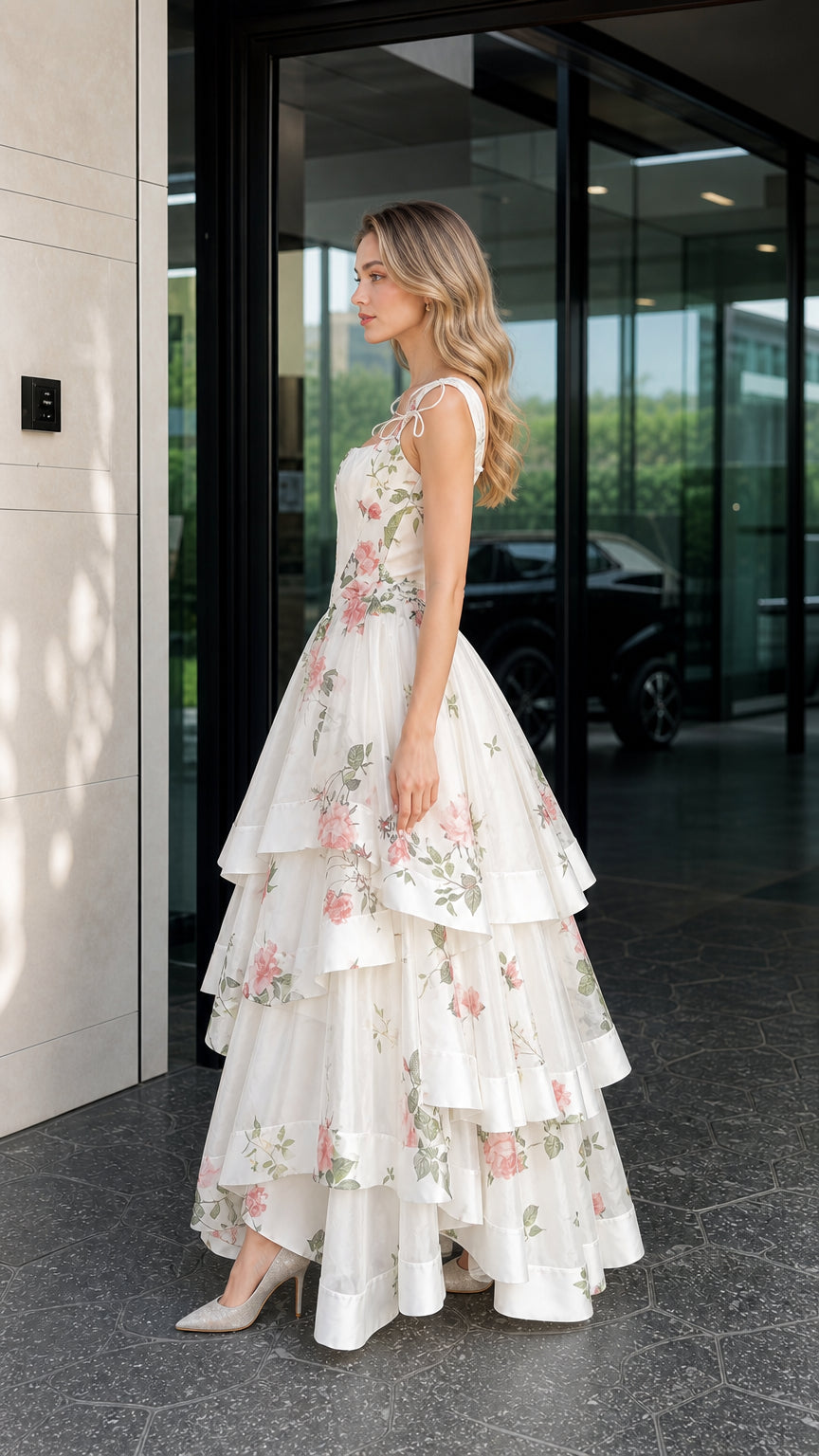 Side profile view of white floral maxi dress