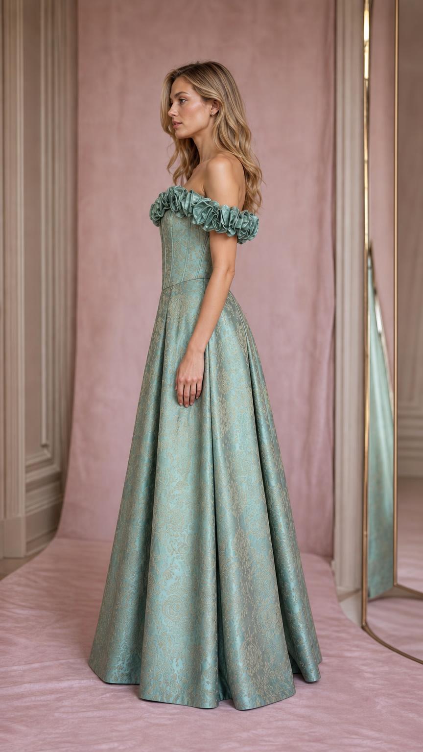 Side profile view of sage green evening gown