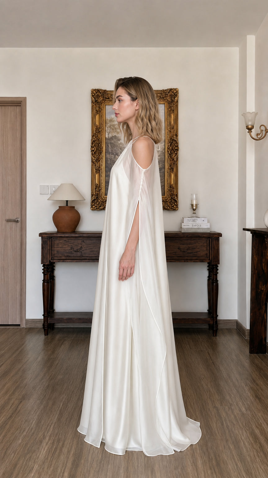Side profile view of ivory maxi dress with draped sleeves