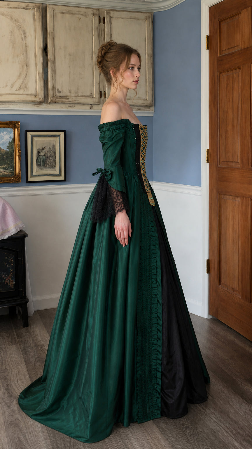 Renaissance green ball gown side profile view