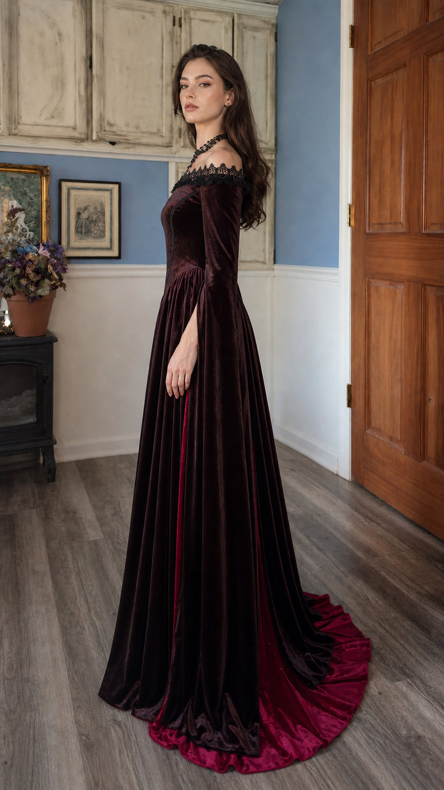 Side profile view of burgundy velvet Renaissance gown with train