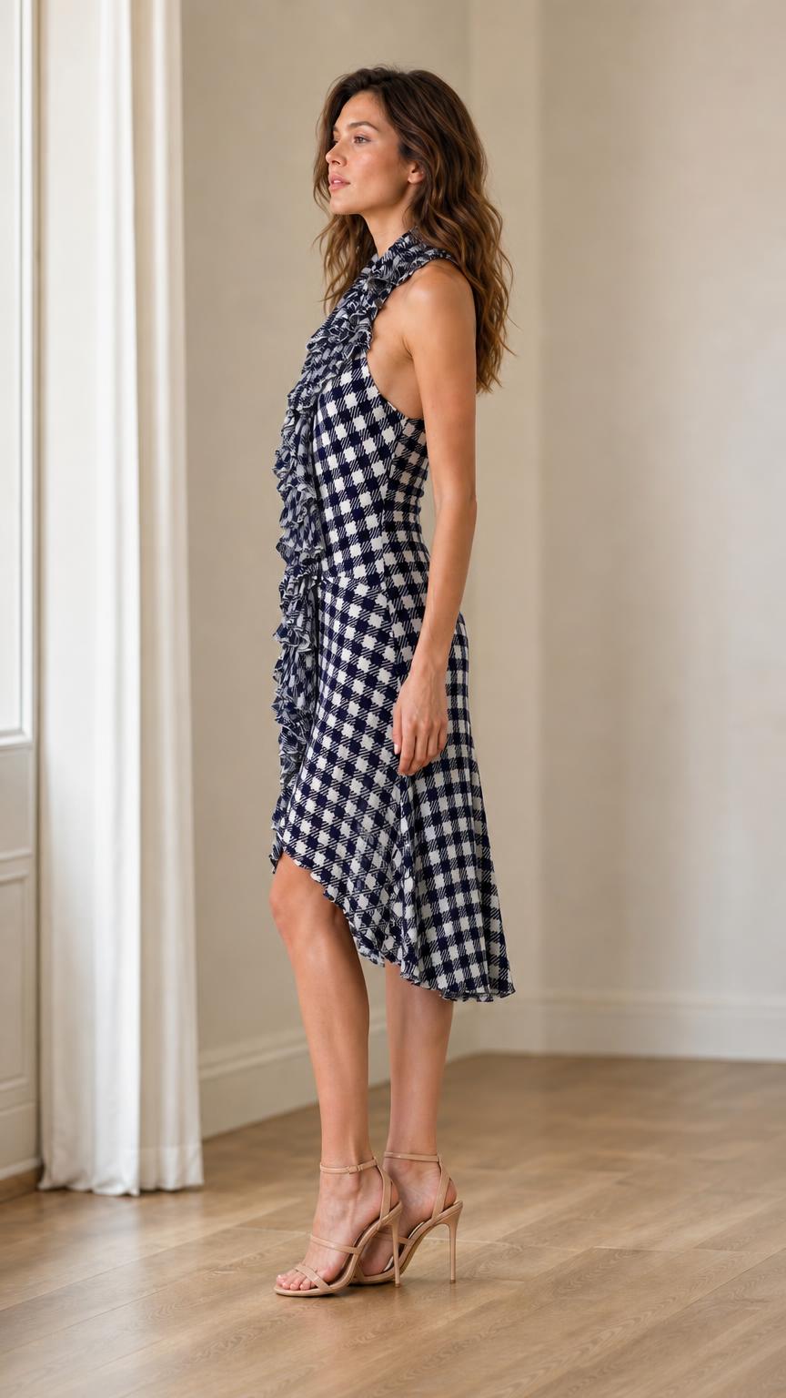 Side profile view of navy blue gingham ruffle dress
