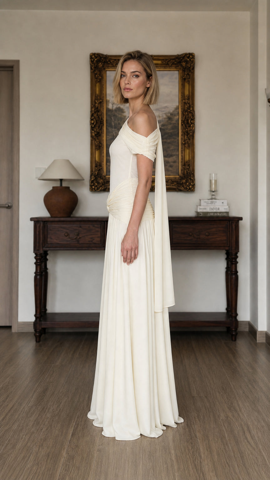 Side profile of Ivory evening dress with shoulder cape detail
