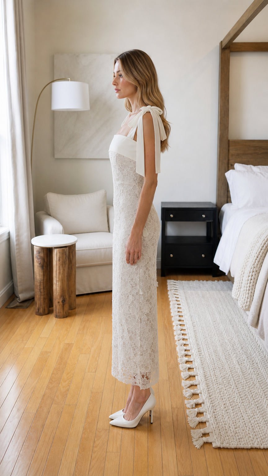 Side profile of woman wearing white lace midi dress