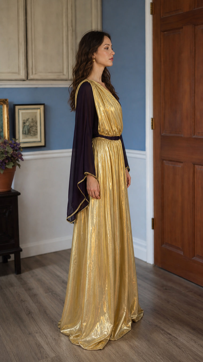 Grecian goddess gold metallic maxi dress side profile