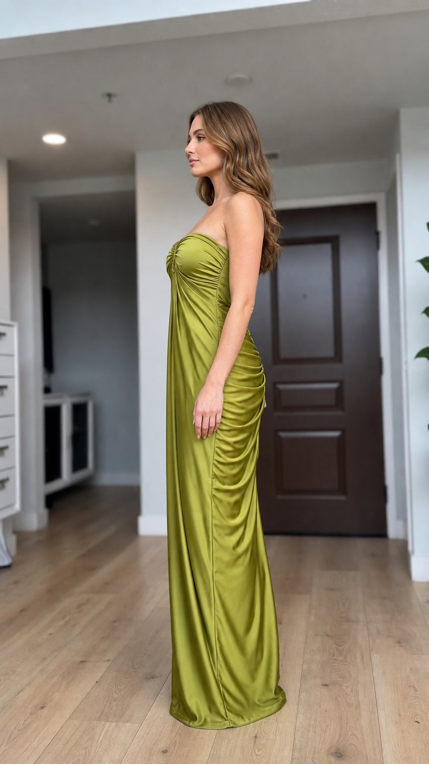Side profile view of olive green maxi dress