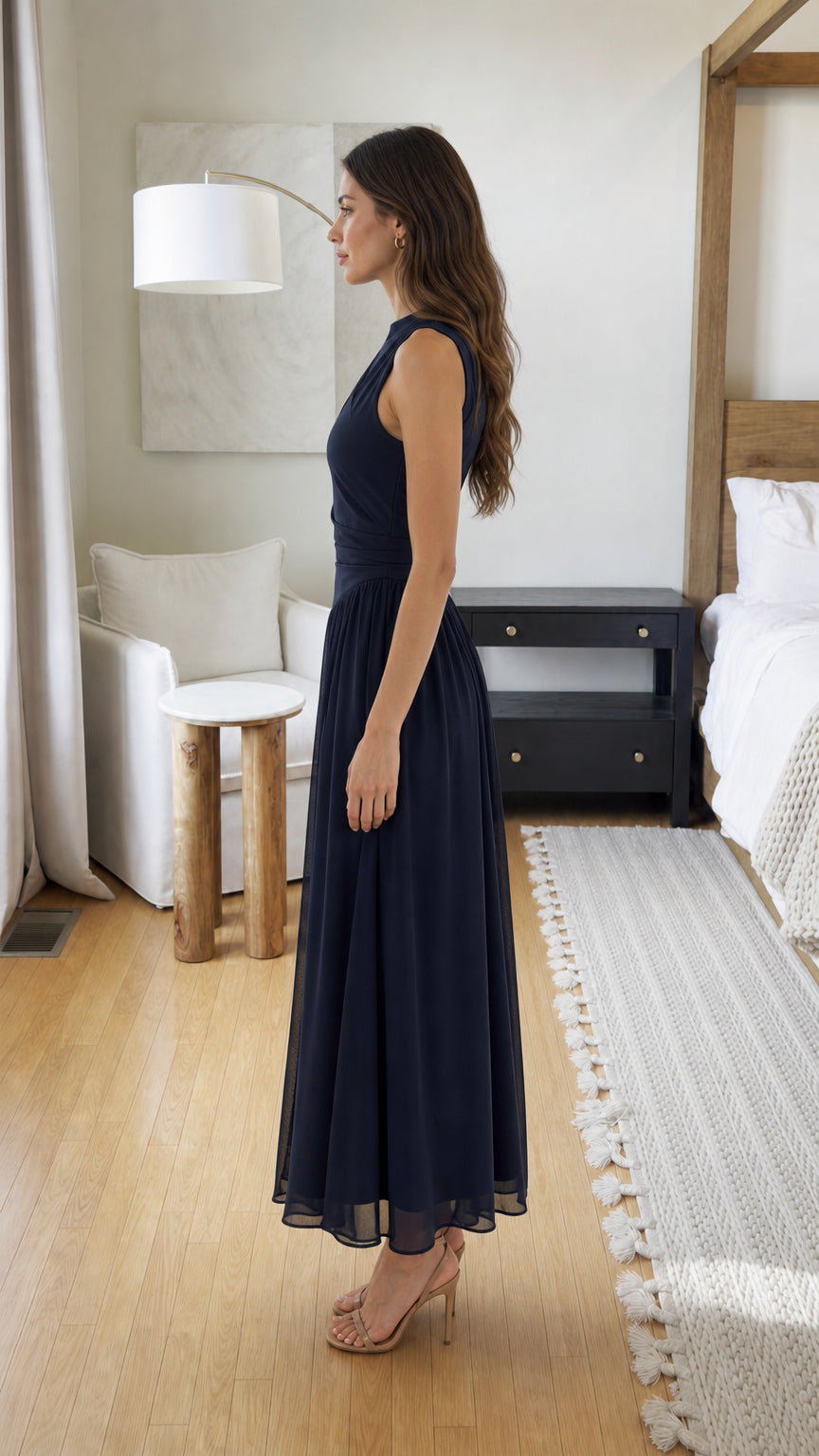 Side profile view of Navy chiffon maxi dress