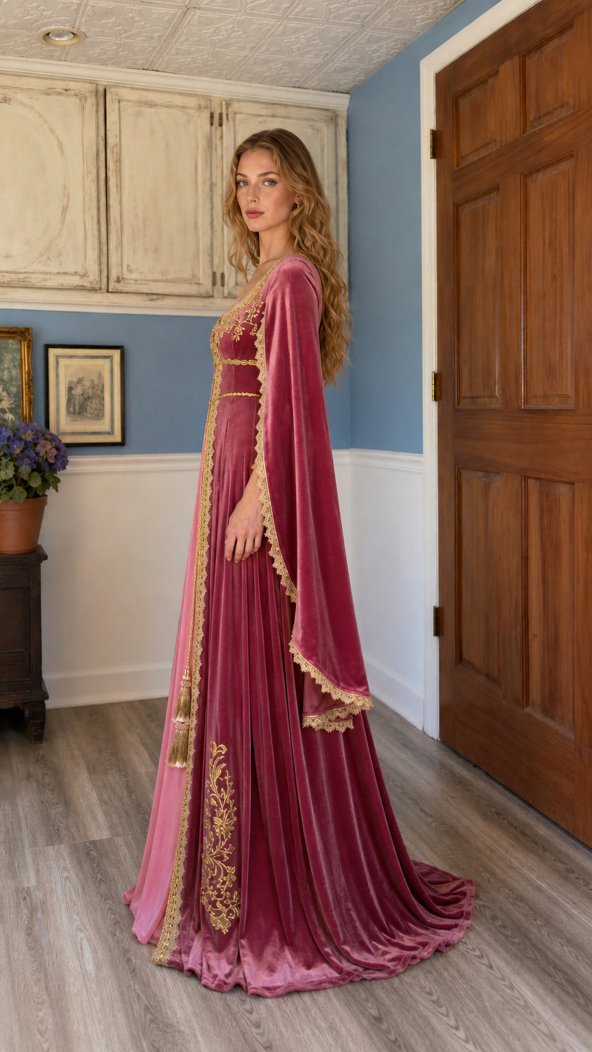 Side profile of the pink velvet medieval gown showing floor-length drape