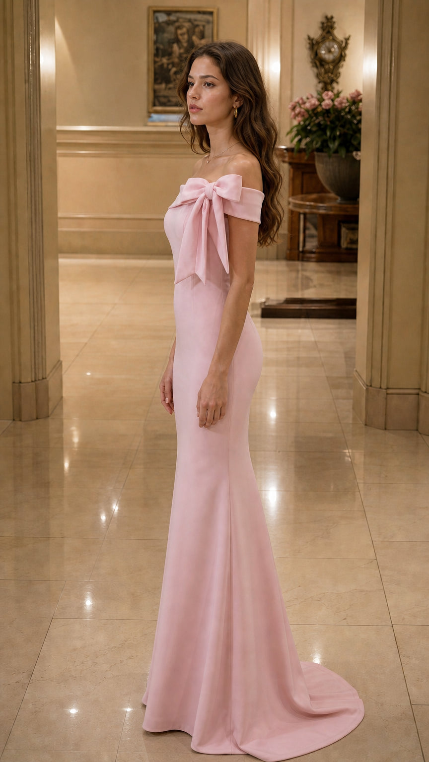 Side profile view of light pink evening gown