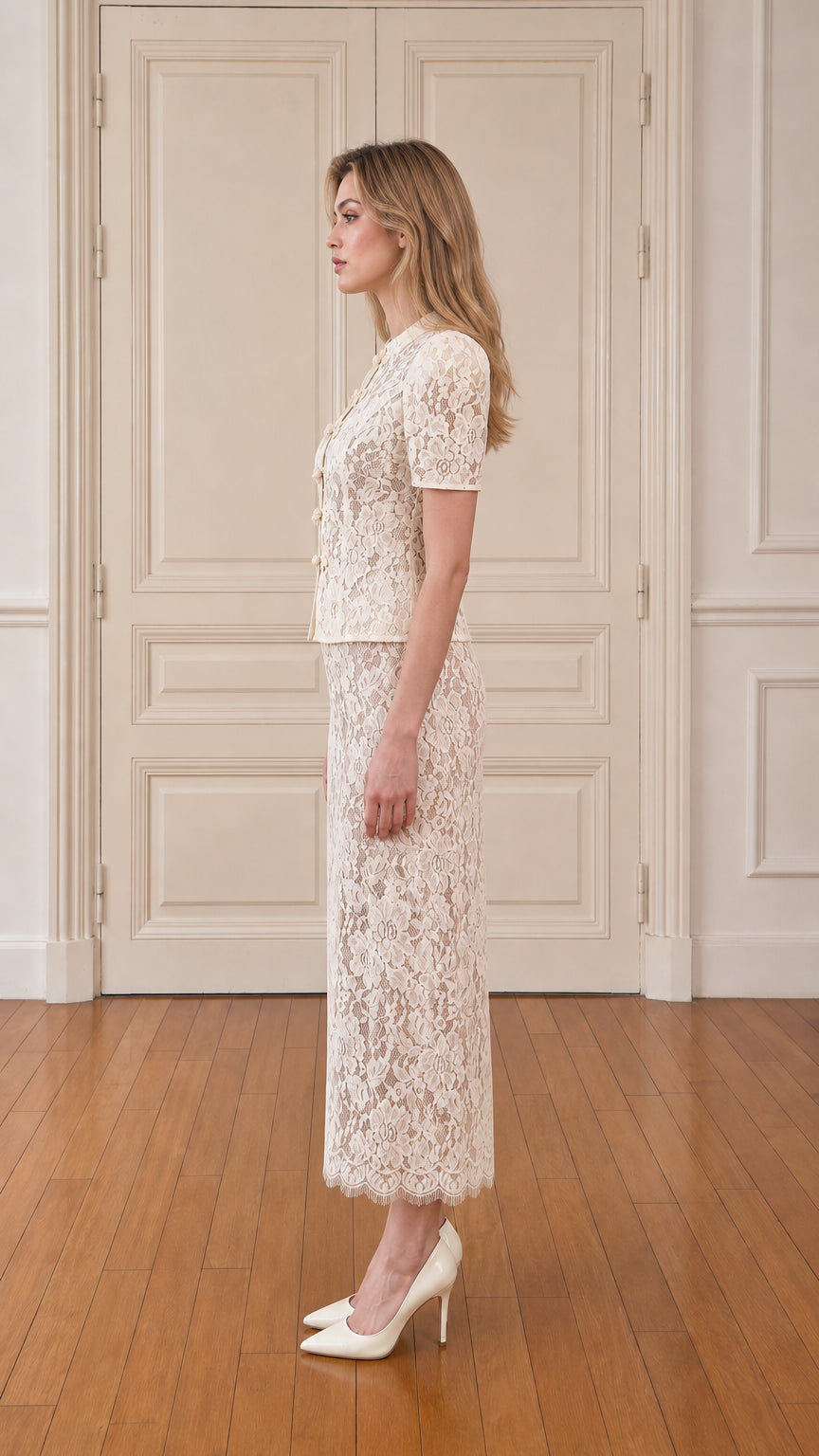 Model wearing cream lace set, side view