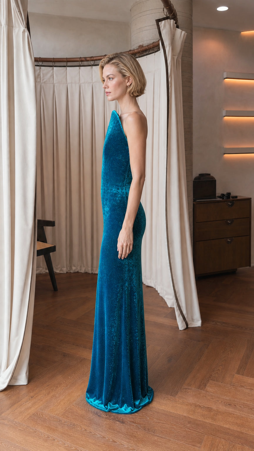 Side profile of model in teal velvet gown
