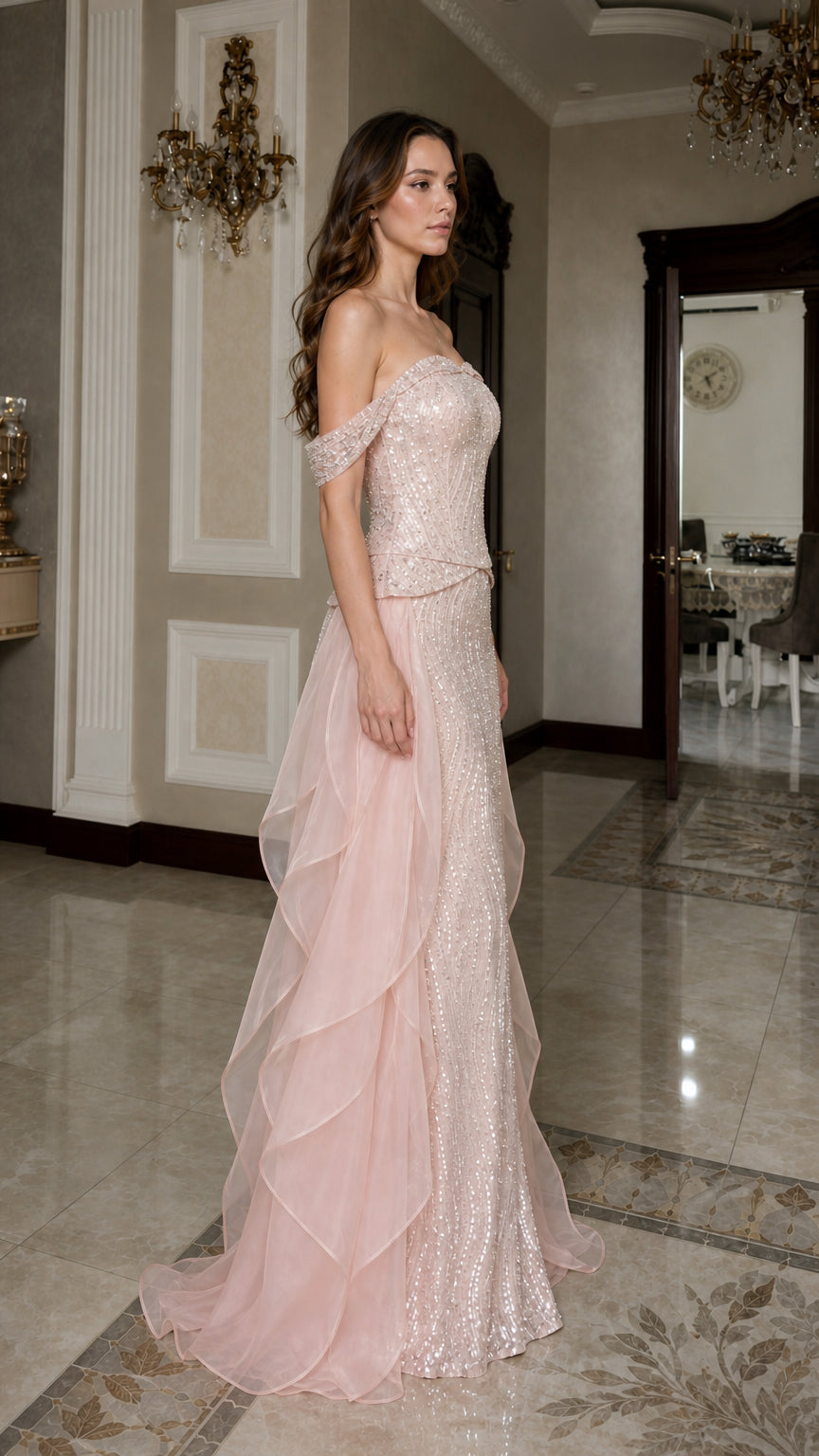 Side profile view of pink sequin evening dress