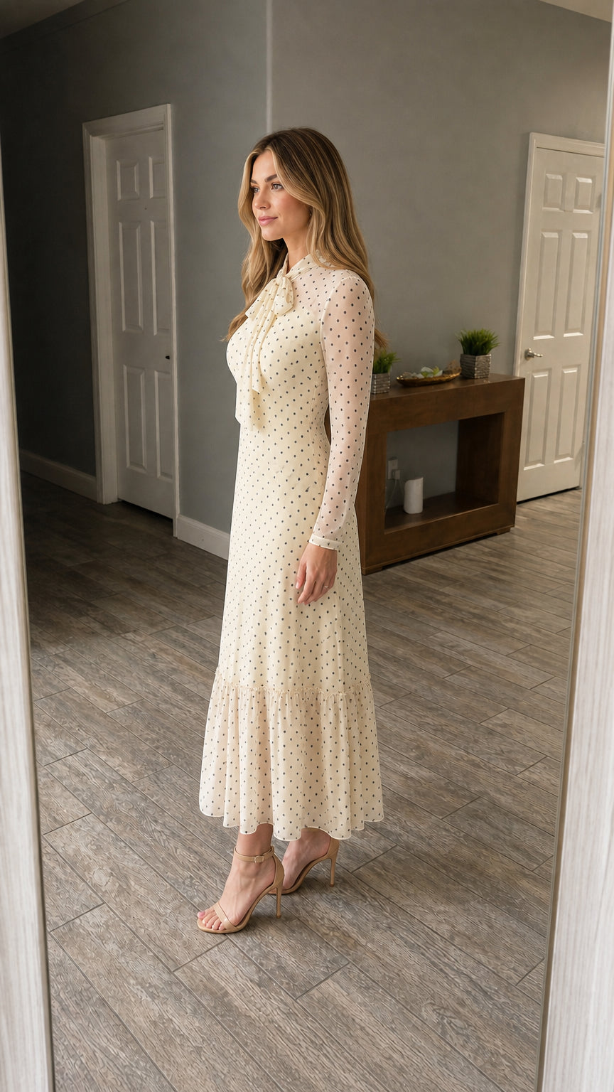 Side profile view of cream polka dot dress