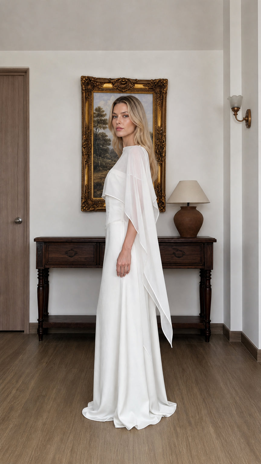 Side profile of woman in white formal gown with cape