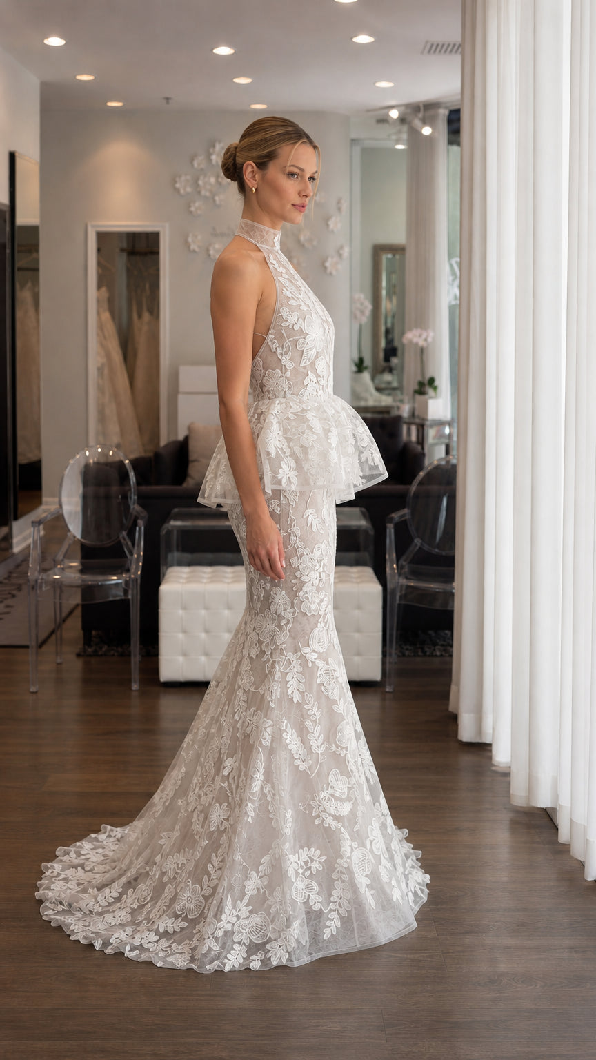 Side profile view of white halter evening gown