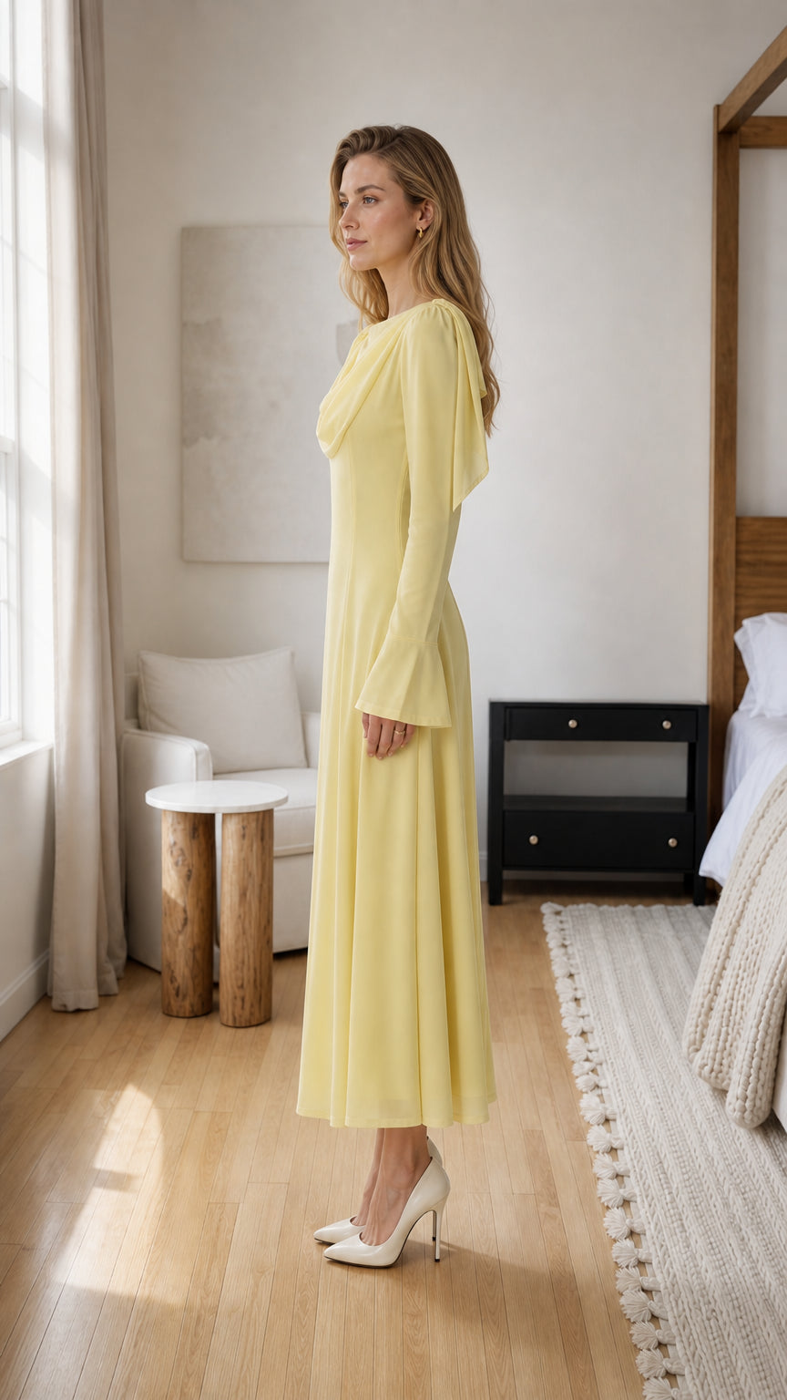 Side profile of model in yellow midi dress
