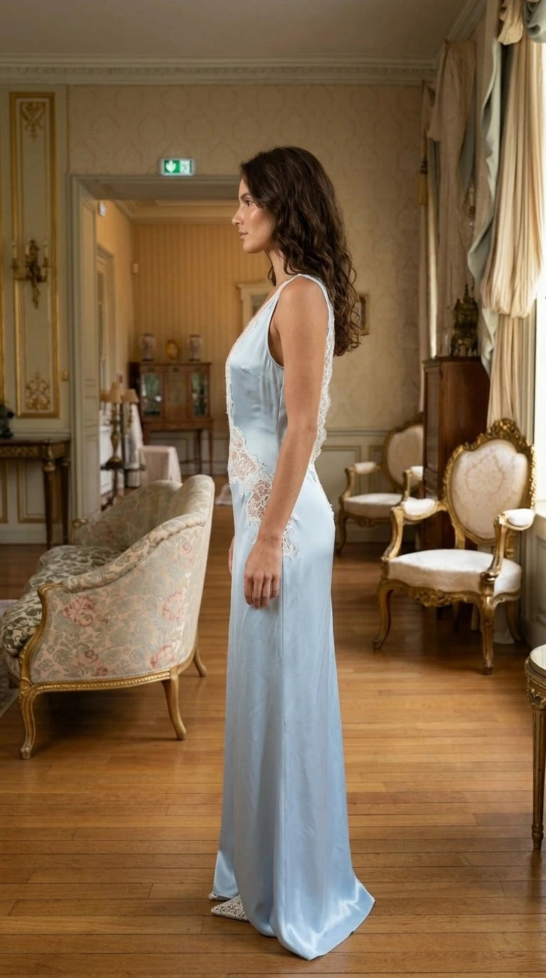 Side view of light blue satin maxi dress