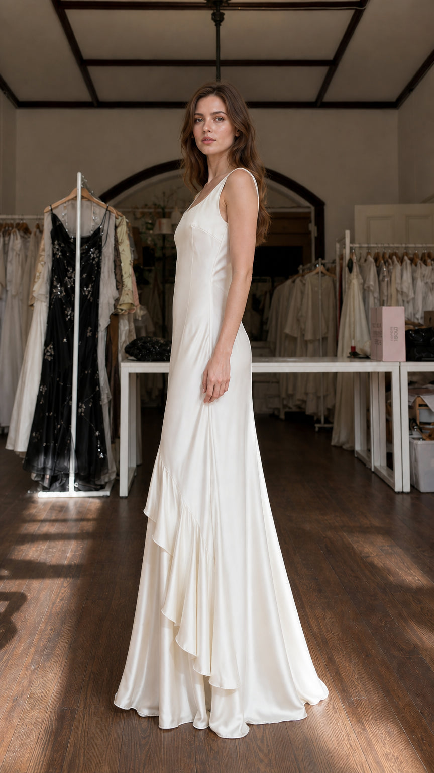Model showcasing side profile of Ivory satin maxi dress