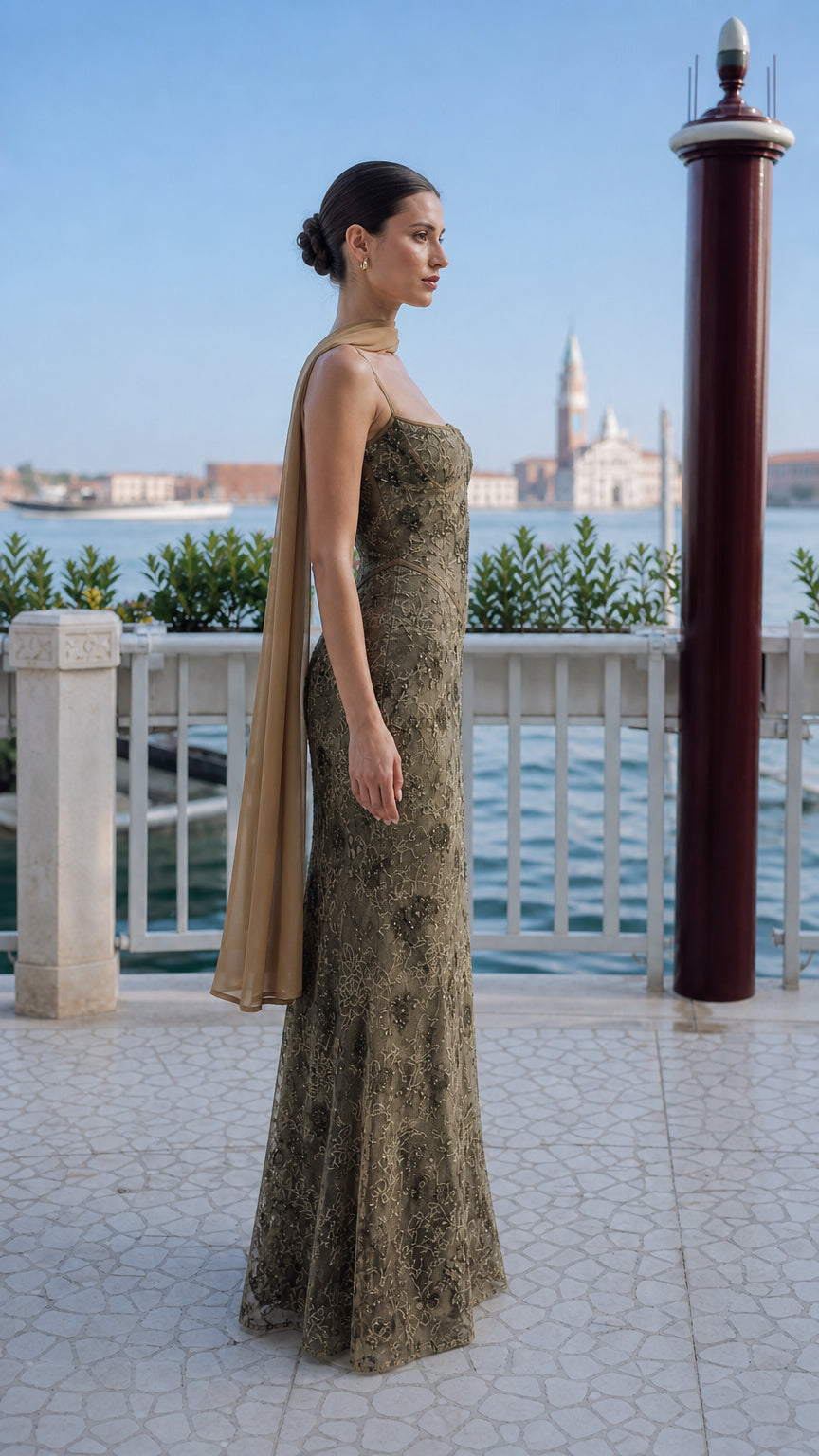 Side profile of olive evening gown outdoors