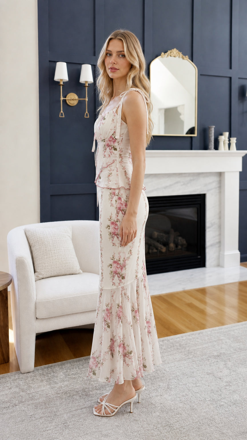 Side view of woman wearing ivory floral midi dress