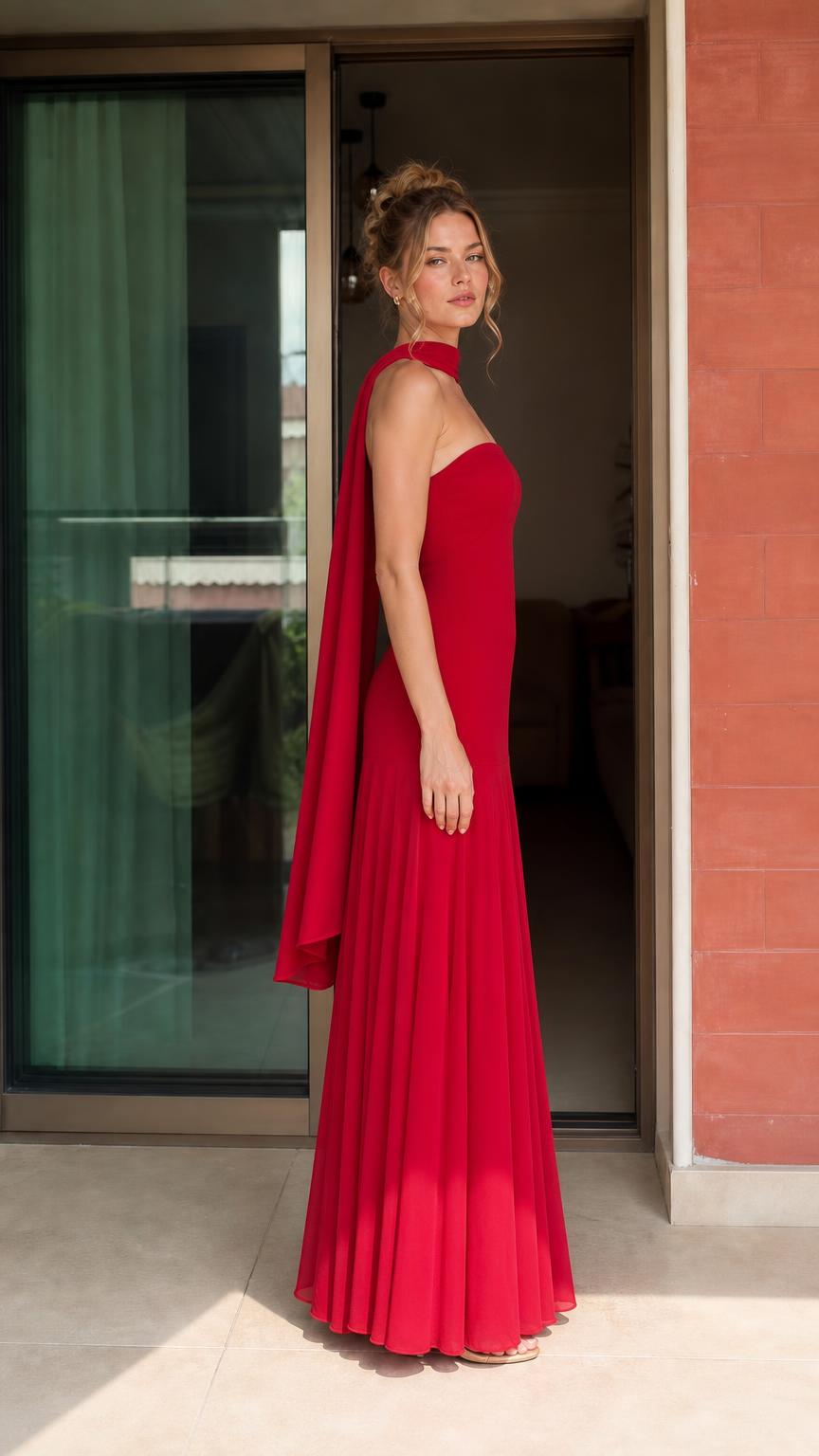 Side profile view of red strapless maxi dress
