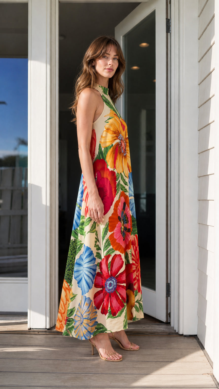 Vibrant floral halter neck maxi dress side profile view