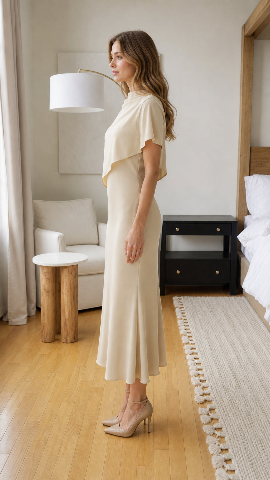 Side profile of model in champagne midi dress