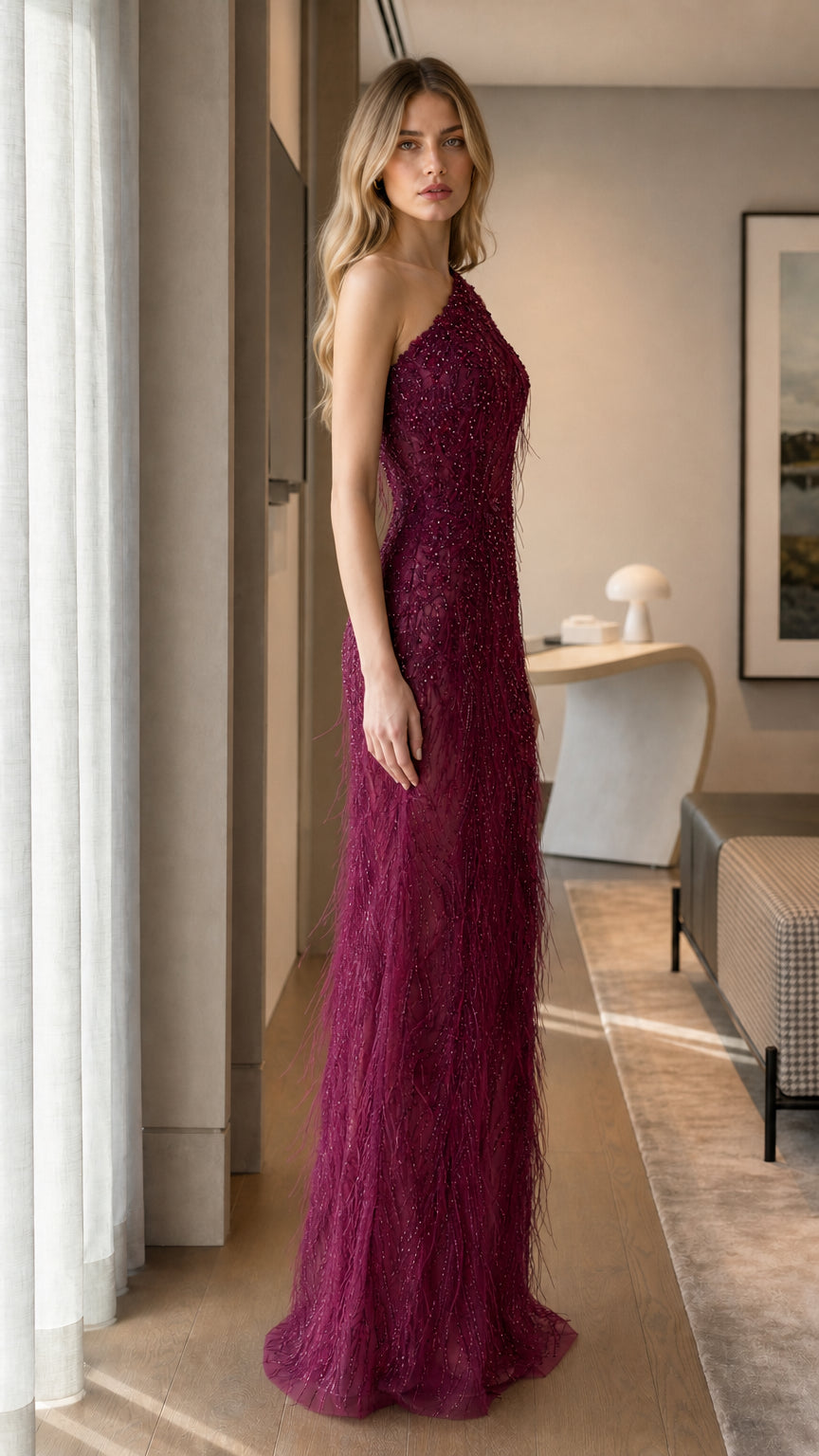 Burgundy One-Shoulder Beaded Formal Evening Dress Side View