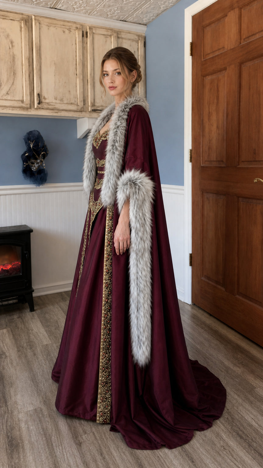 Side profile of burgundy Renaissance medieval gown