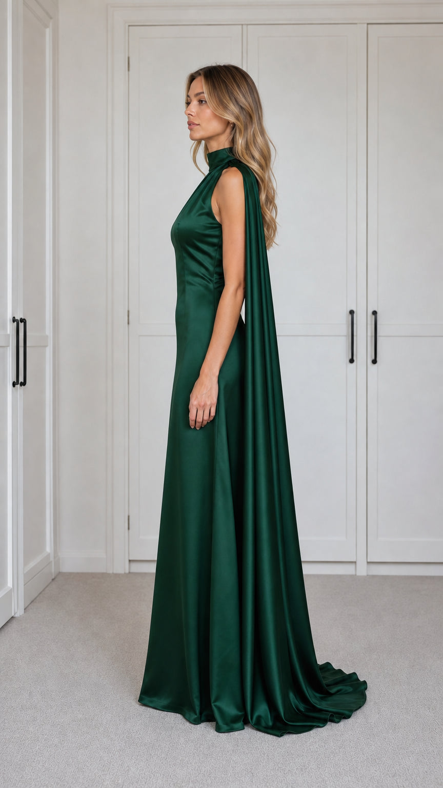 Emerald Green Satin Mock Neck Maxi Dress side profile view