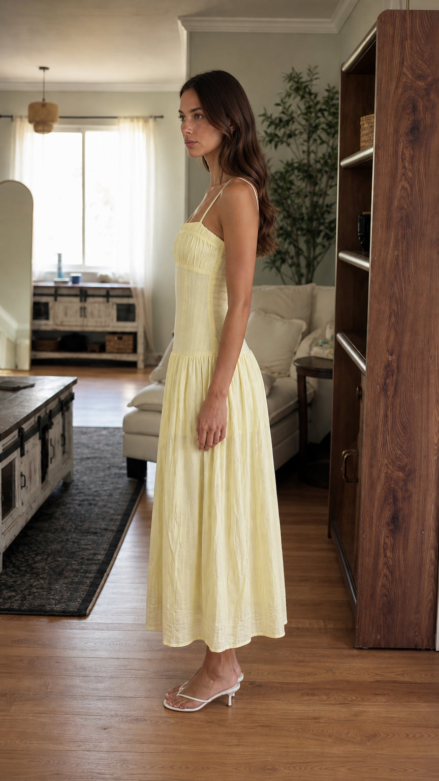 Side view of woman in yellow midi dress