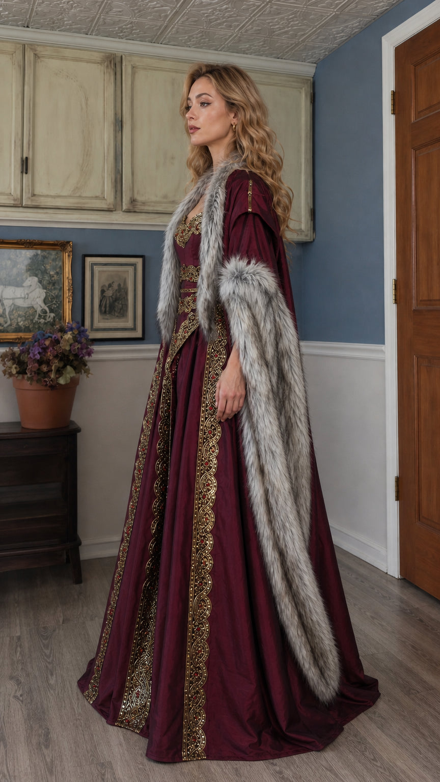 Side profile of the burgundy medieval costume dress