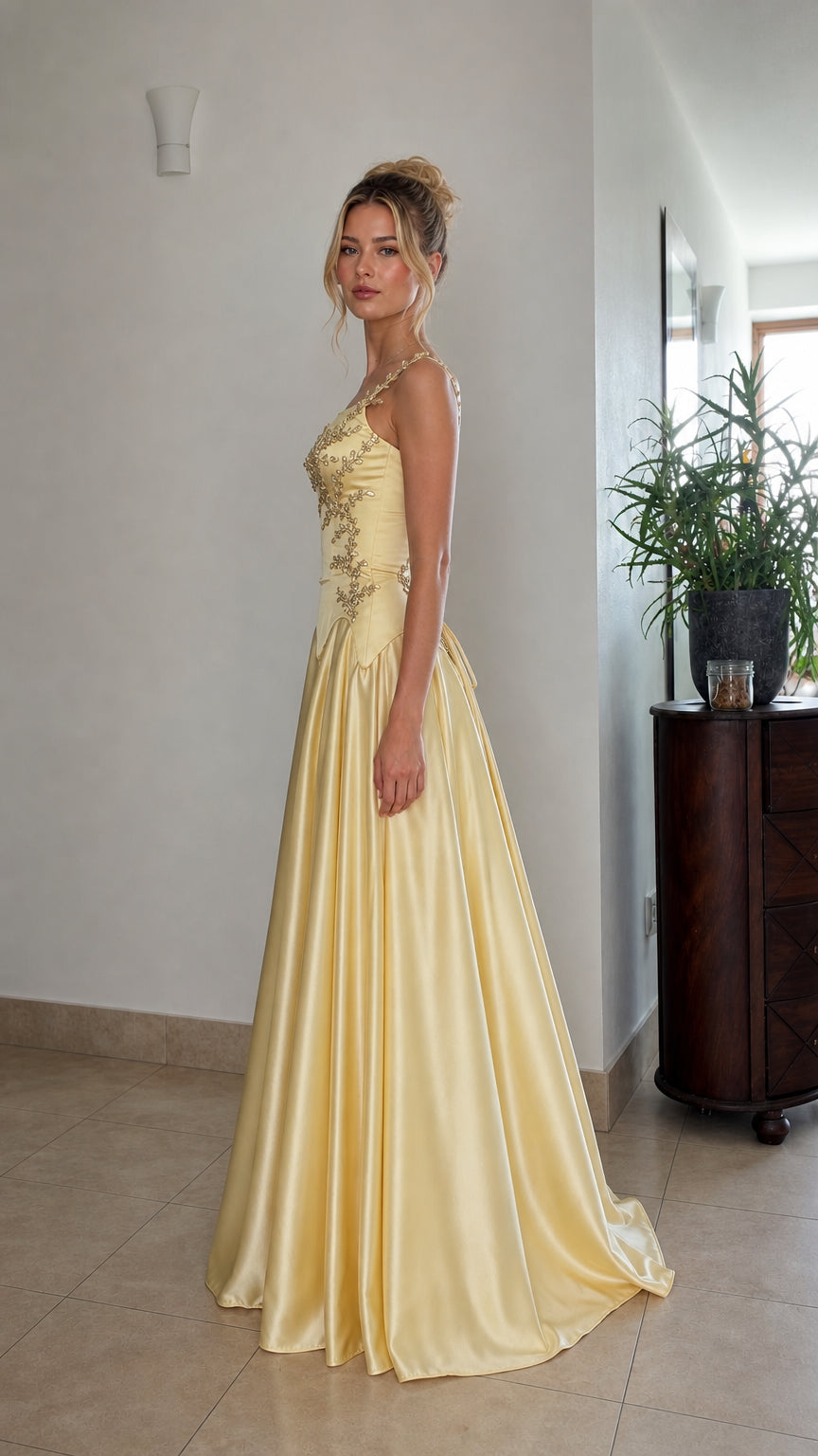 Side profile view of yellow formal ball gown