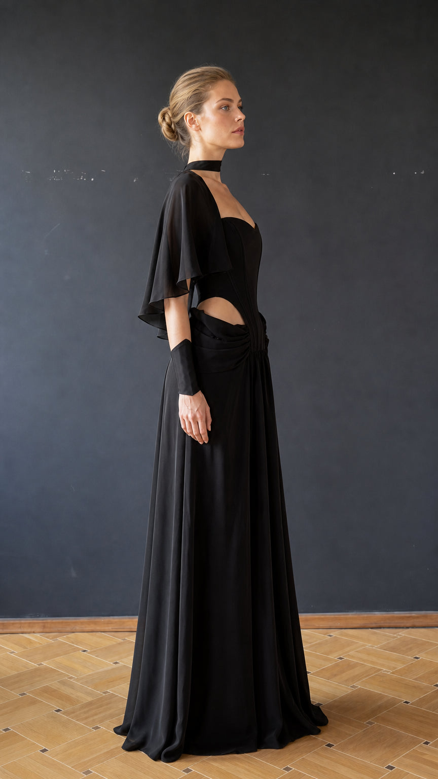 Side profile view of black evening gown showing draped shoulder
