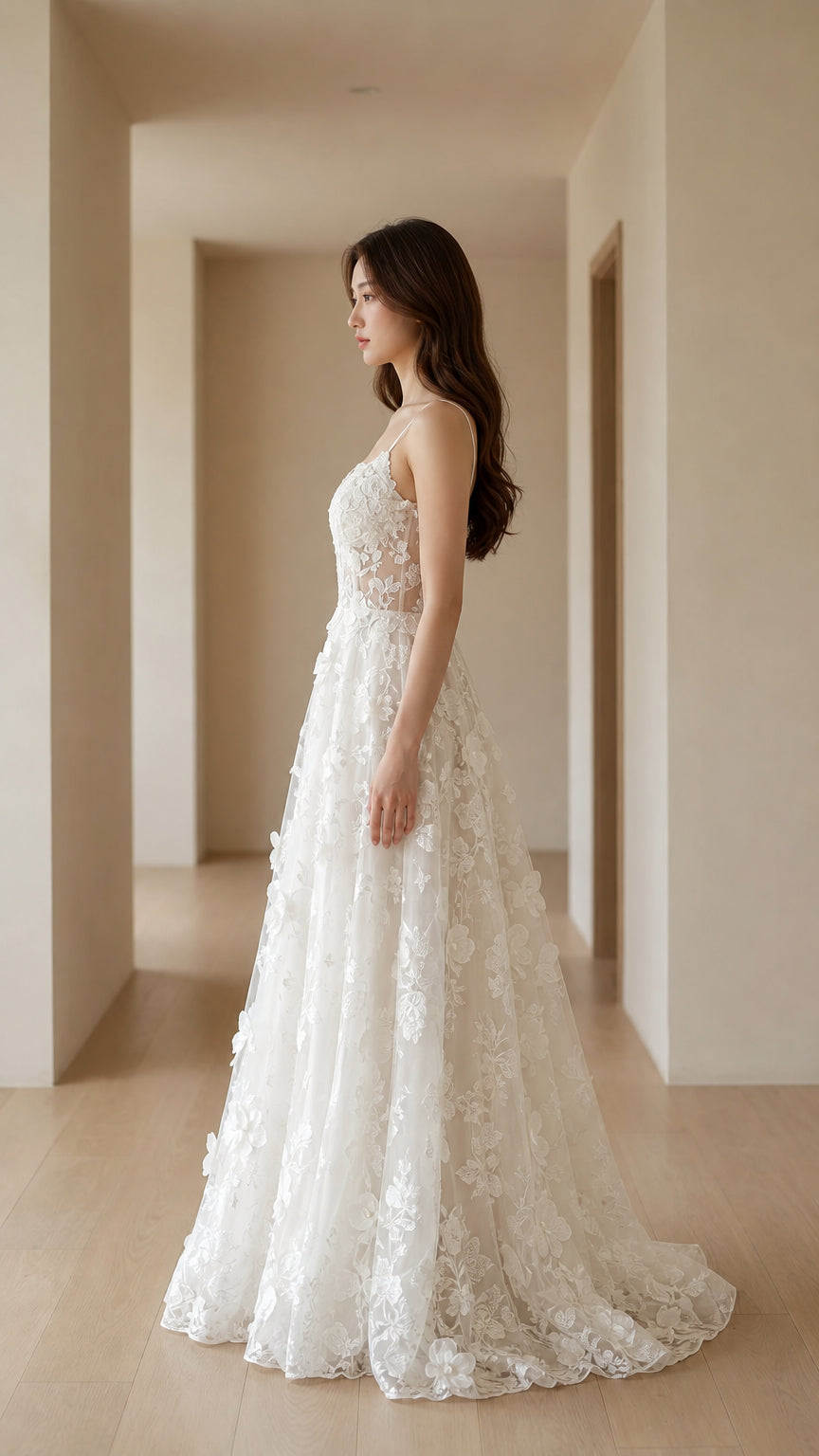 Side profile of White formal gown