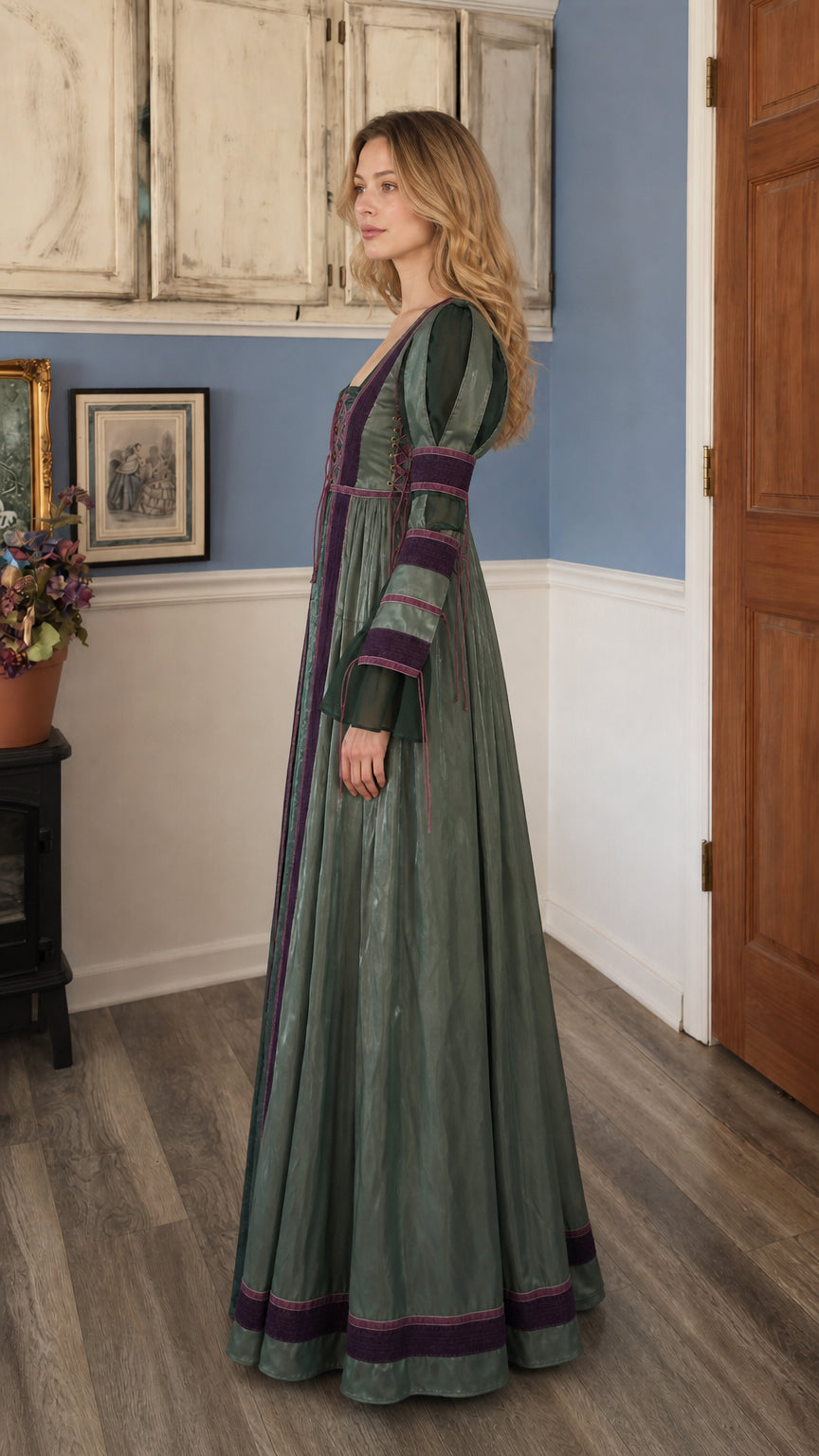 Renaissance Medieval Lace-Up Long Sleeve Maxi Dress in sage green, side view