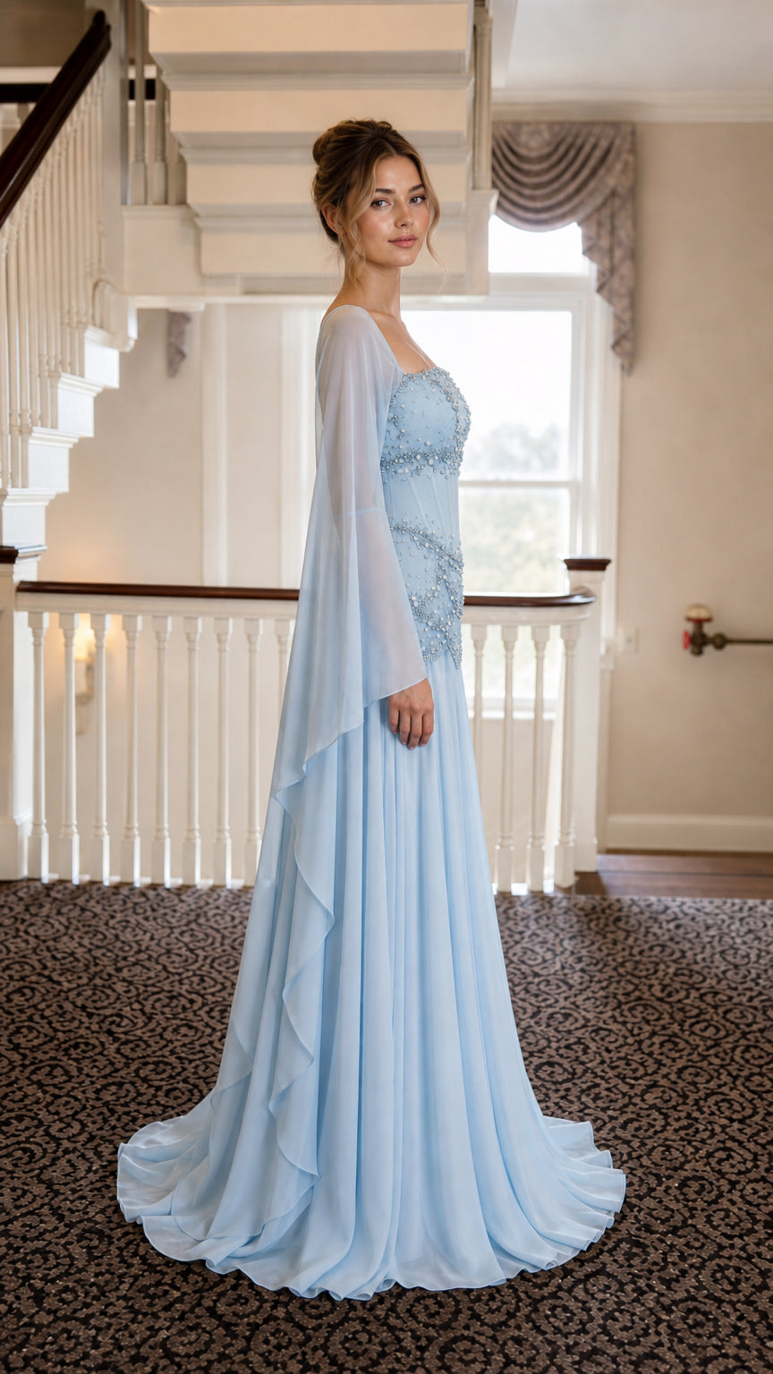 Side profile view of Light Blue gown showing flowing sleeves and train