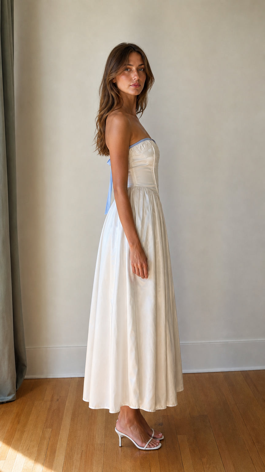 Side profile view of White strapless maxi dress