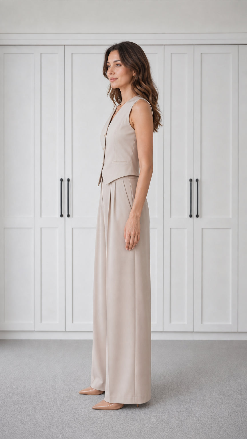Side profile view of woman in beige co-ord set