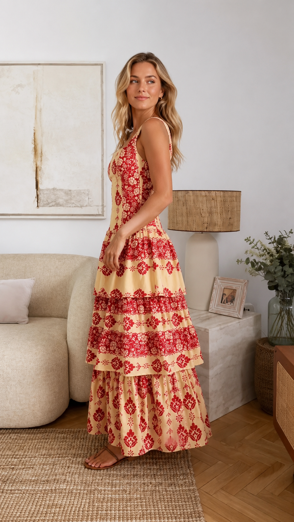 Side view of apricot and red sleeveless boho tiered maxi dress
