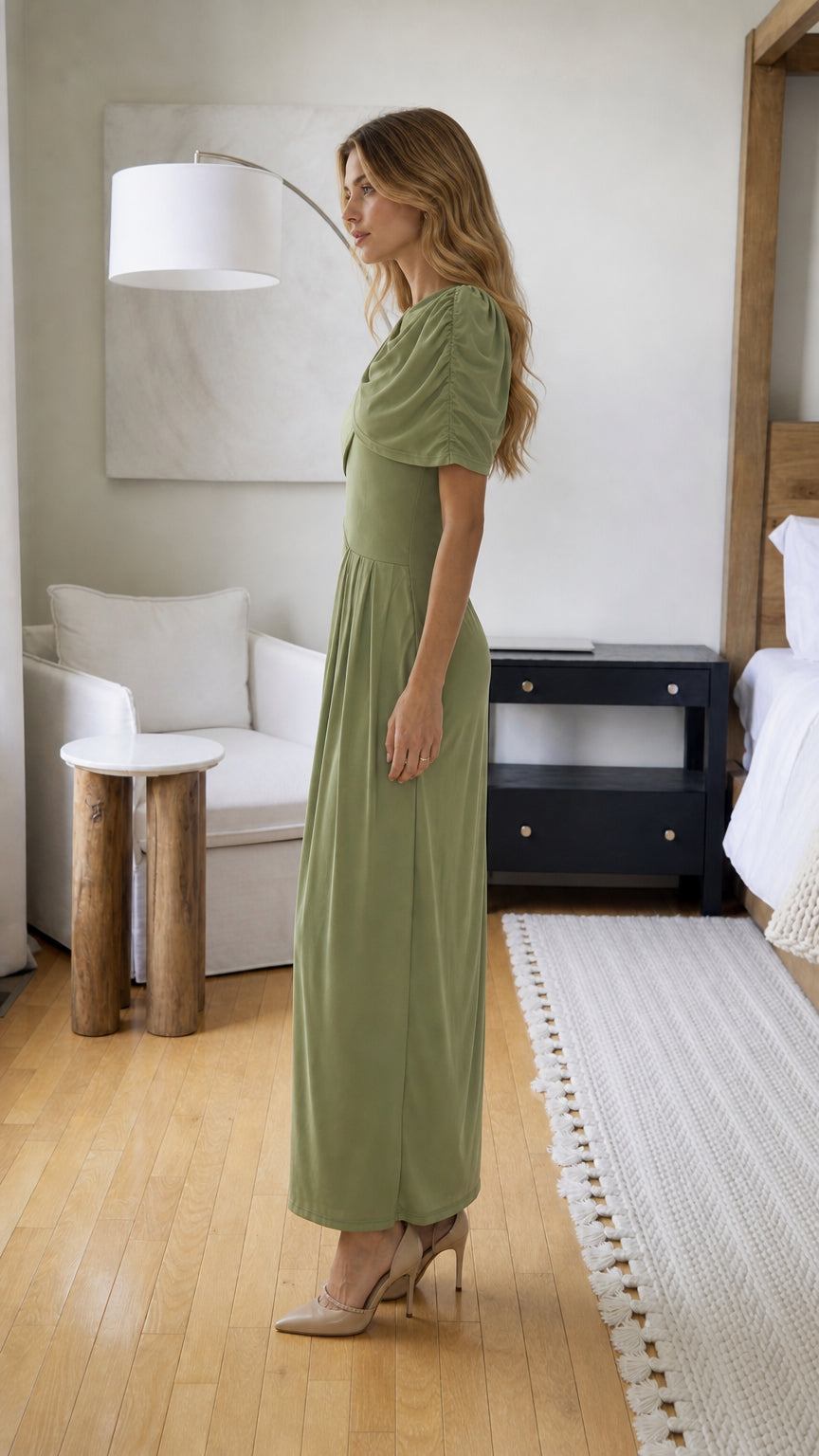 Side profile view of Sage Green maxi dress
