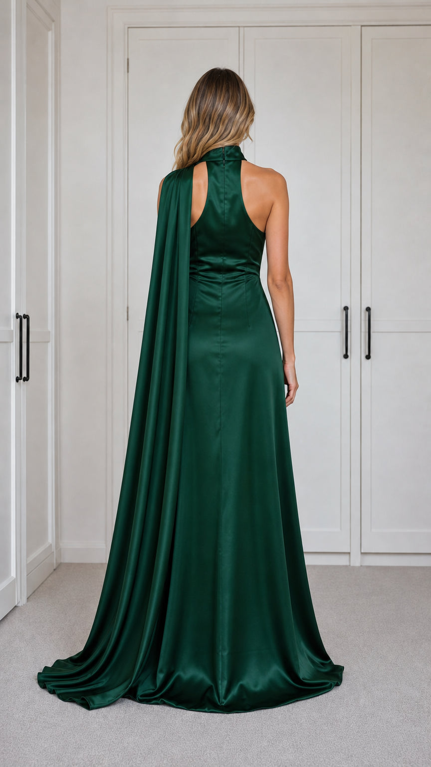 Emerald Green Satin Mock Neck Maxi Dress back view showing cape trail