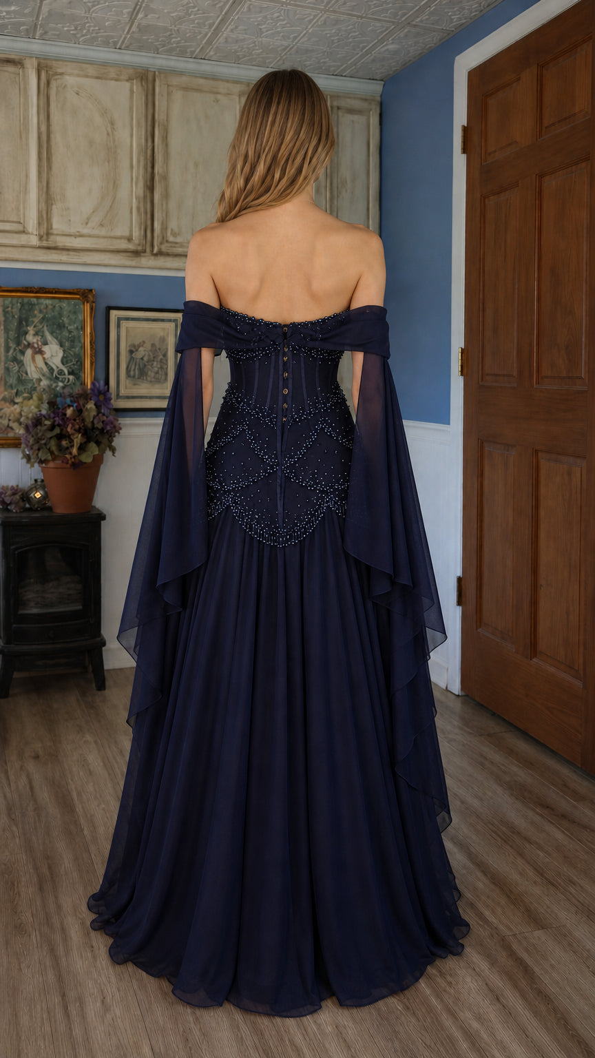 Back view of navy blue evening gown showing lace-up back detail
