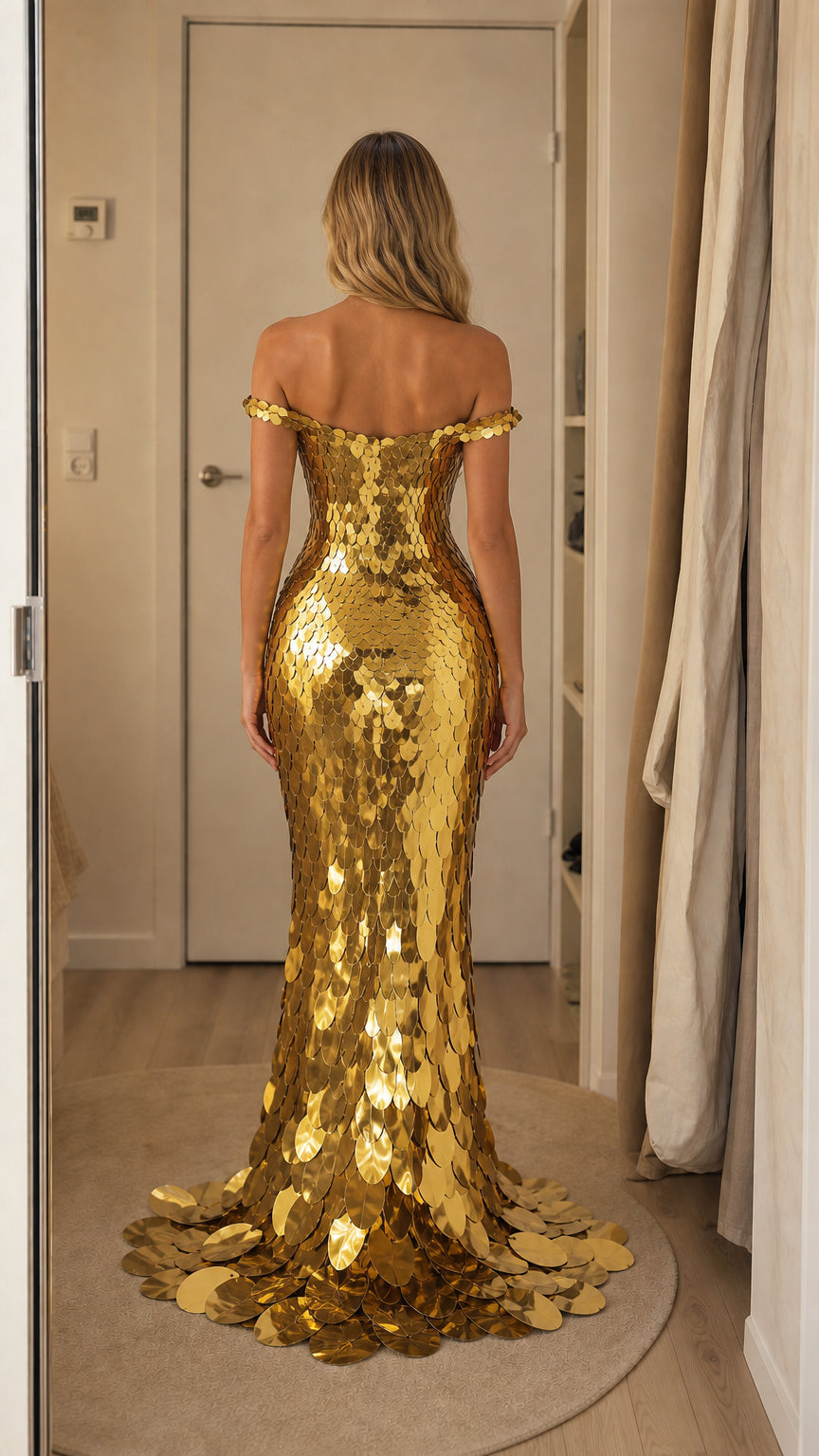 Back view showcasing the train of the gold sequin gown
