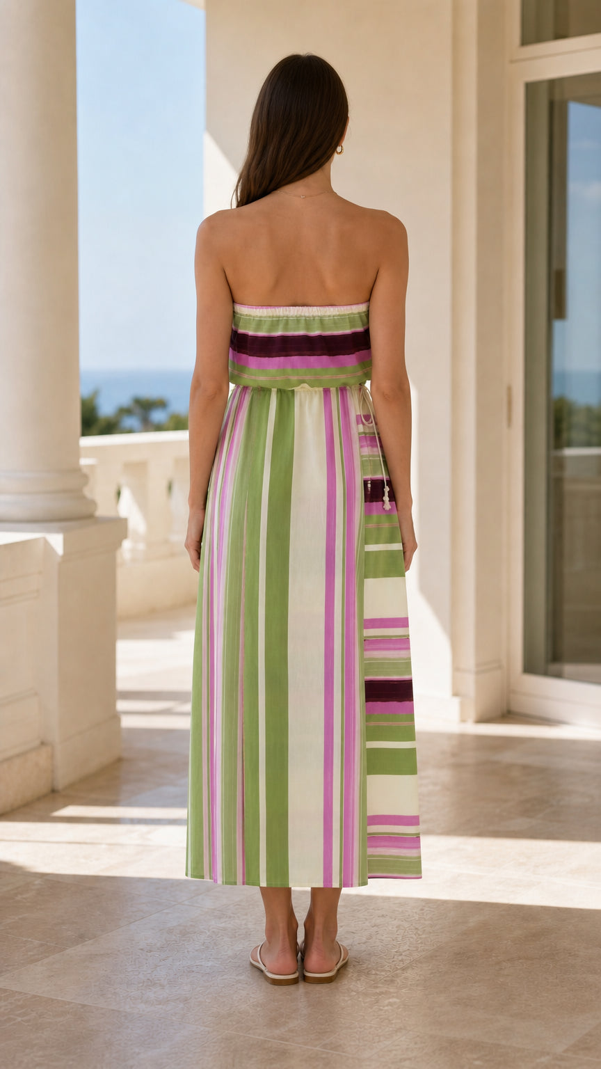 Back view of green striped strapless maxi dress
