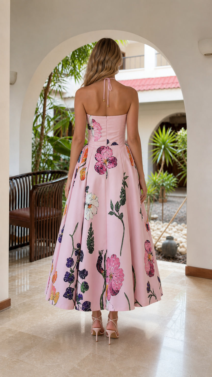 Back view of model in pink floral strapless midi dress