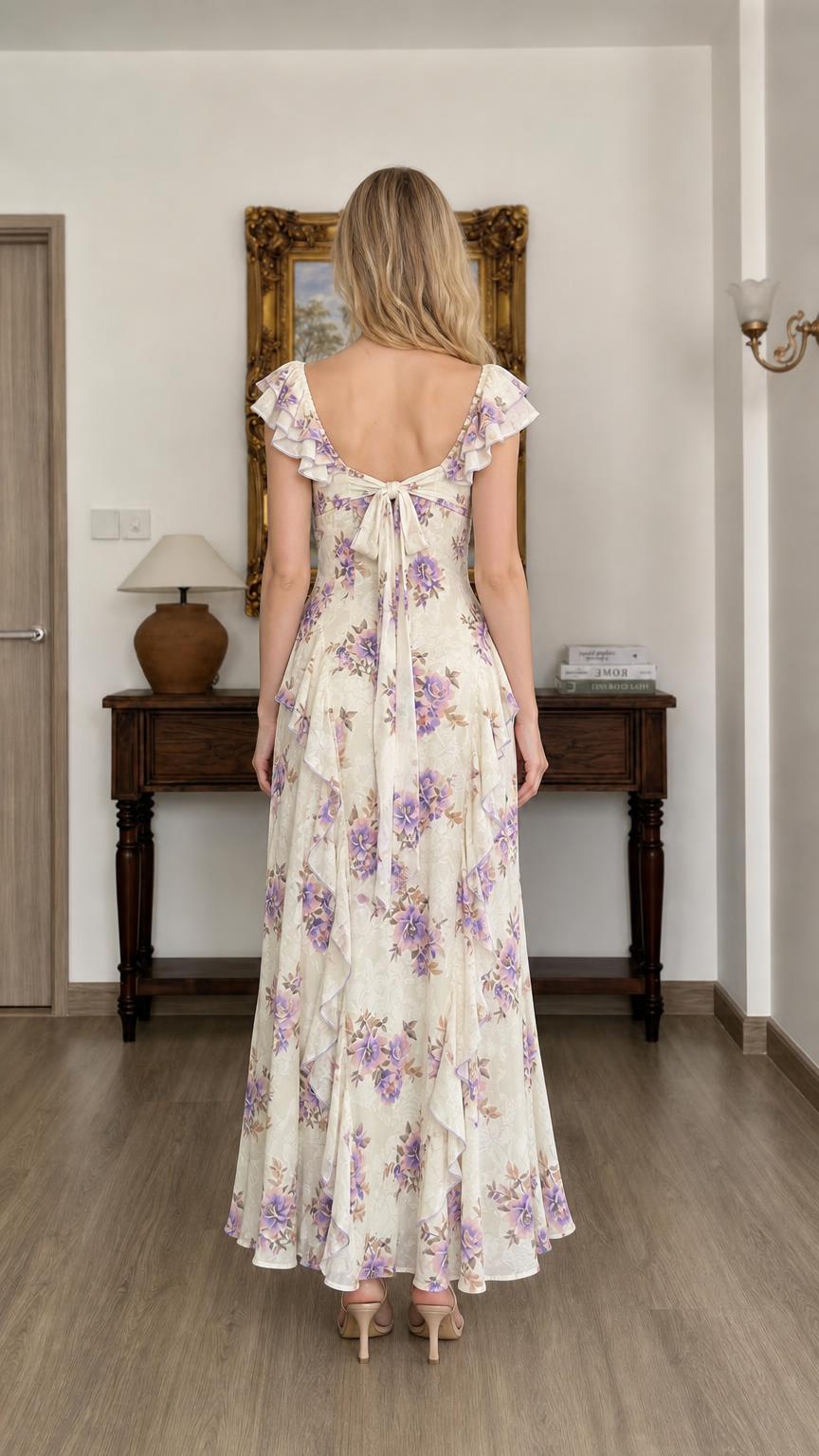 Floral Print Ruffled Maxi Dress in Ivory back view