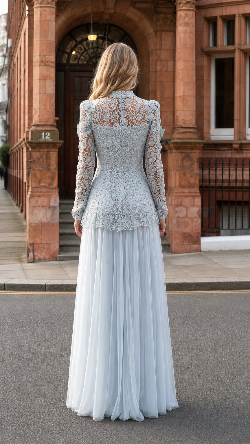Back view of light blue lace and tulle maxi dress