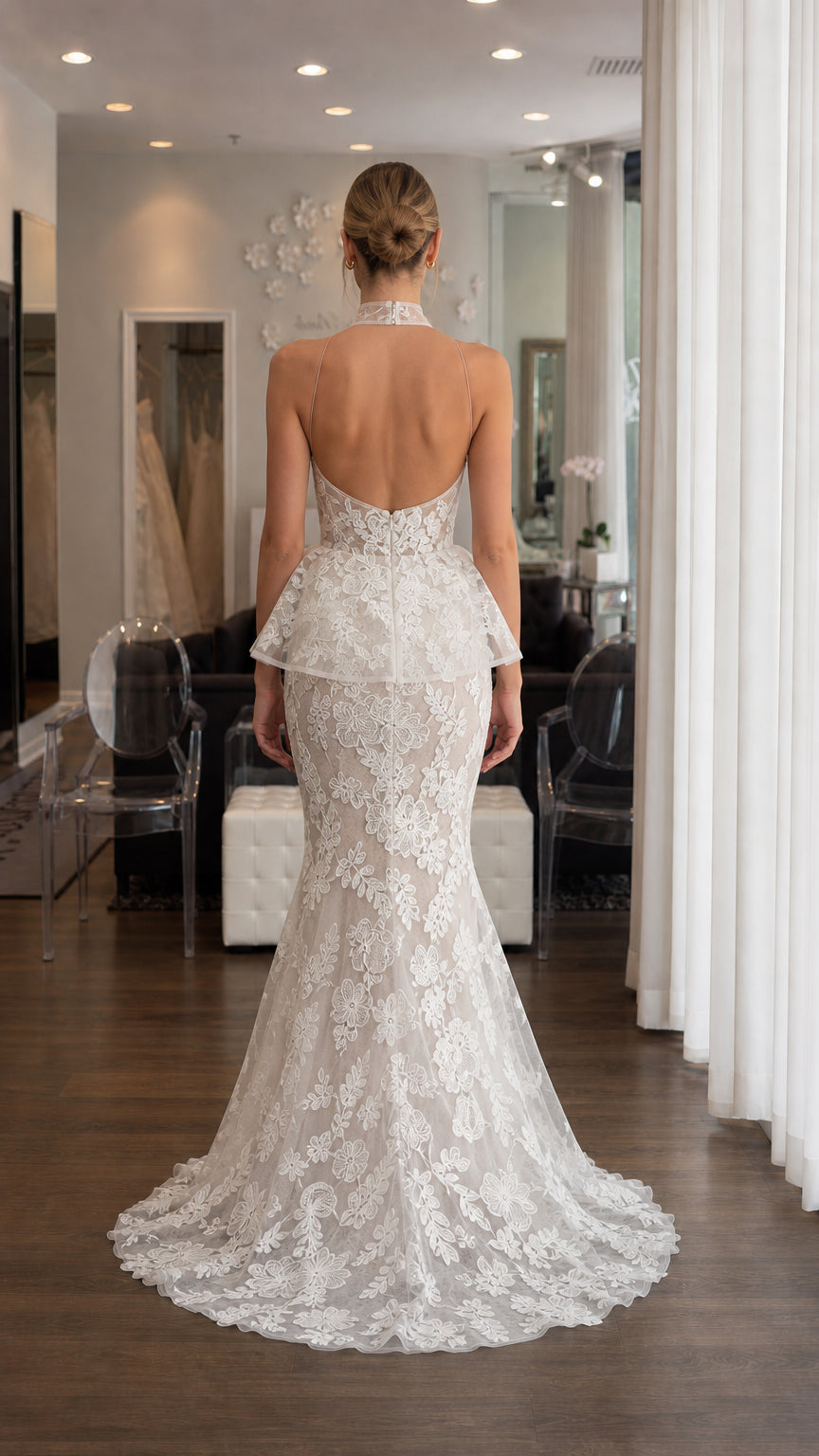 Back view showcasing open back design of white lace dress